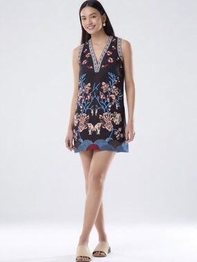 Foxiedox Anthropologie Embroidered Pinstripe Shift Mini Dress V-Neck Boho Folk M